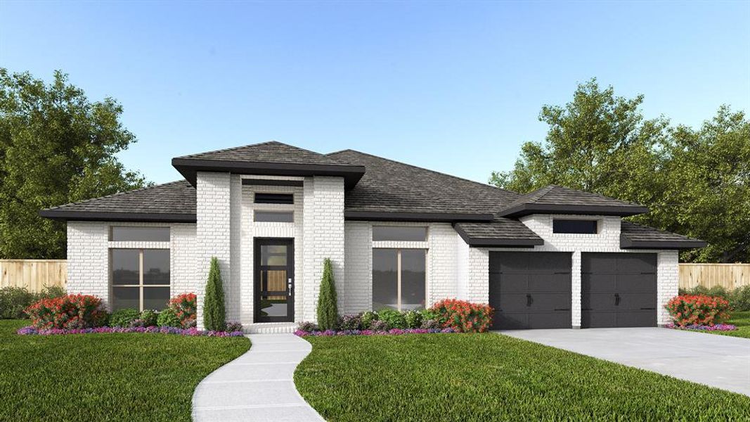 Front exterior of a new home in Evergreen 70', Conroe, TX, highlighting curb appeal (Image 1).