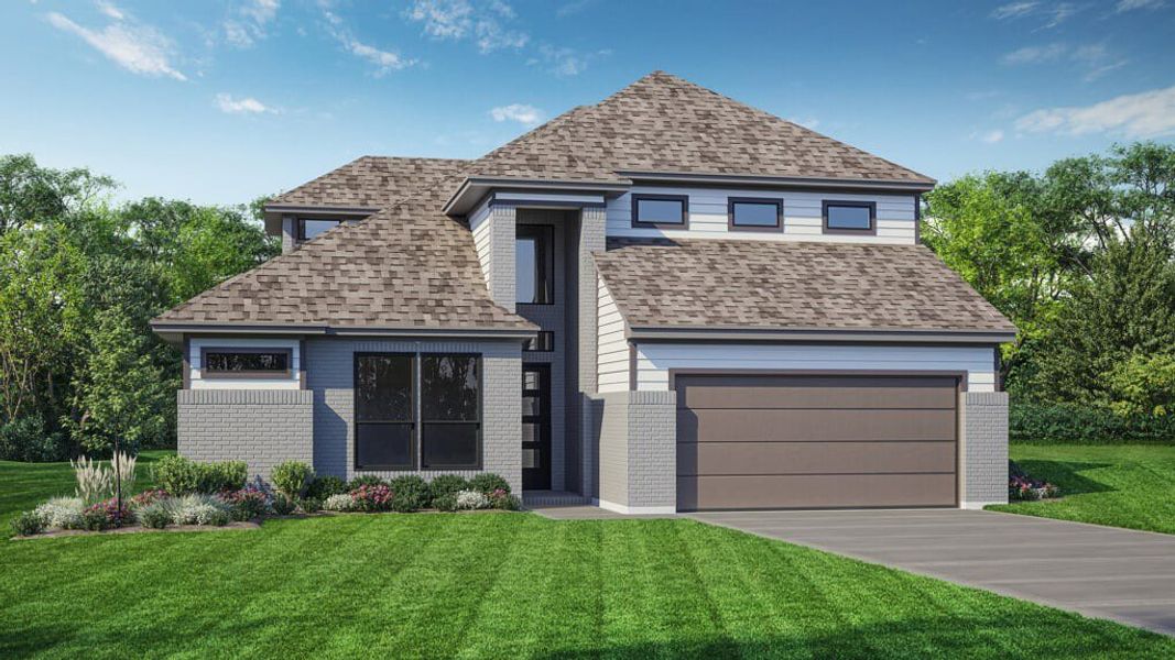 Front exterior of a new home in ARTAVIA 55' Lots, Conroe, TX, highlighting curb appeal (Image 1).