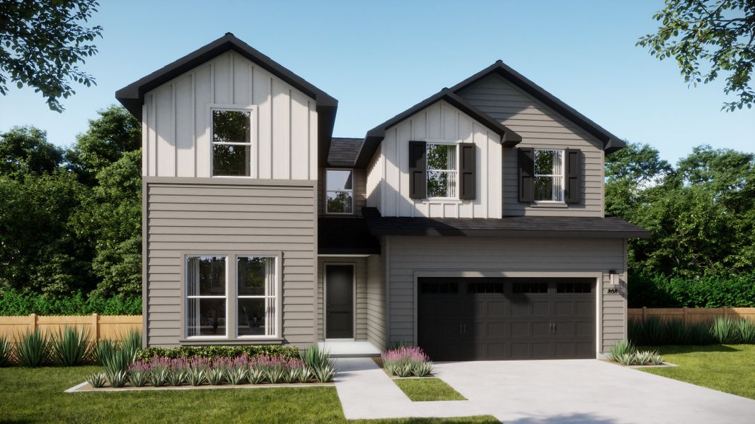 Front exterior of a new home in Parkton Square, Kyle, TX, highlighting curb appeal (Image 1). Front exterior of a new home in Parkton Square, Kyle, TX, highlighting curb appeal (Image 1).