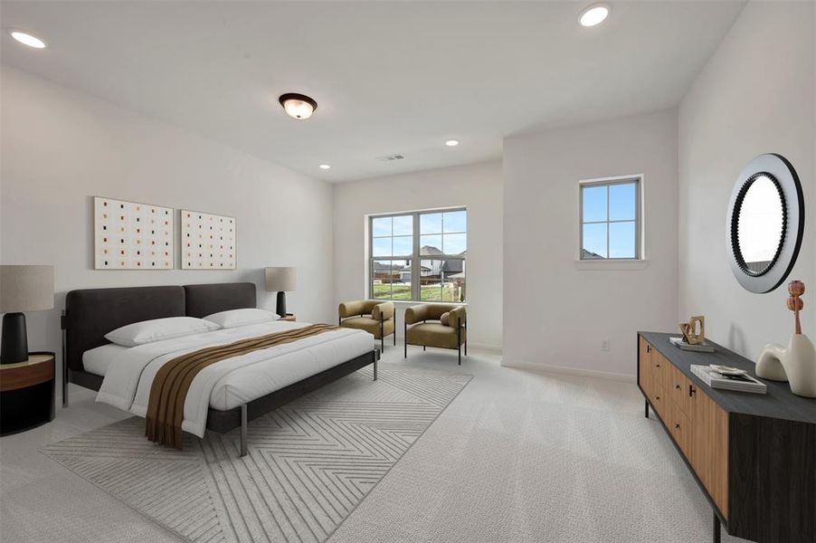 Bedroom featuring light carpet and recessed lighting