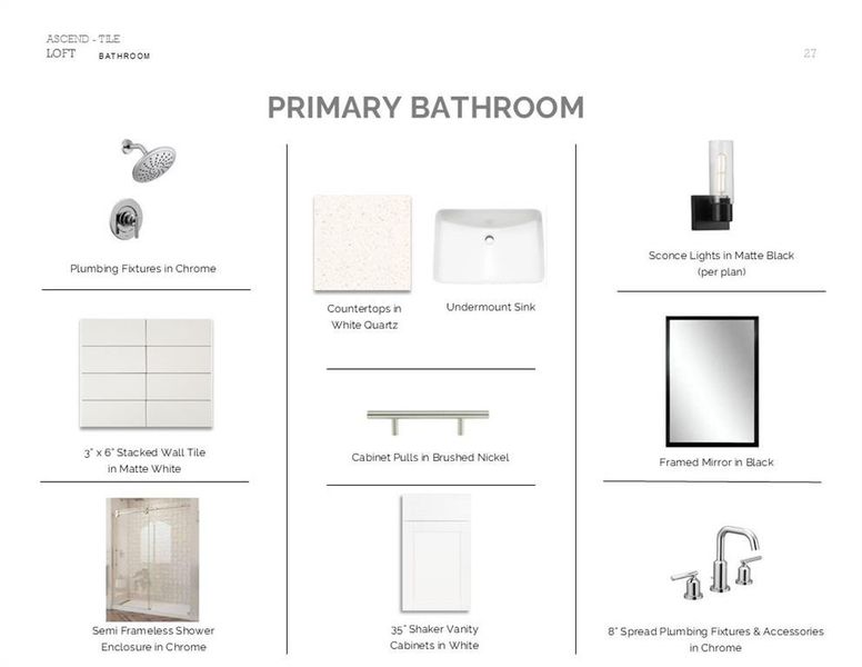 Loft Look Palette 5: Primary Bathroom Selection Sheet (*Artist rendering used for illustration purposes only.)