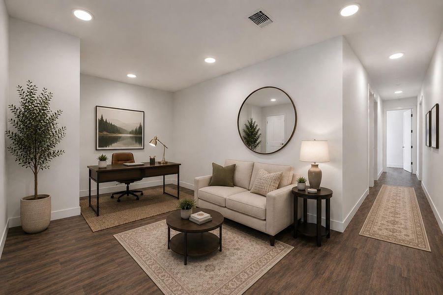 Virtually staged entry flex/office space at front of home.  Smooth wood-look flooring and crisp recessed lighting ground this versatile home office and hallway layout.