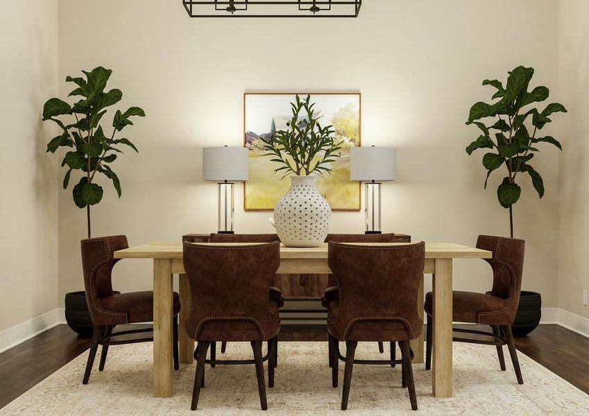 Rendering of dining room showing a wood
  dining table and chairs under a black light fixture with dark wood look
  flooring throughout.