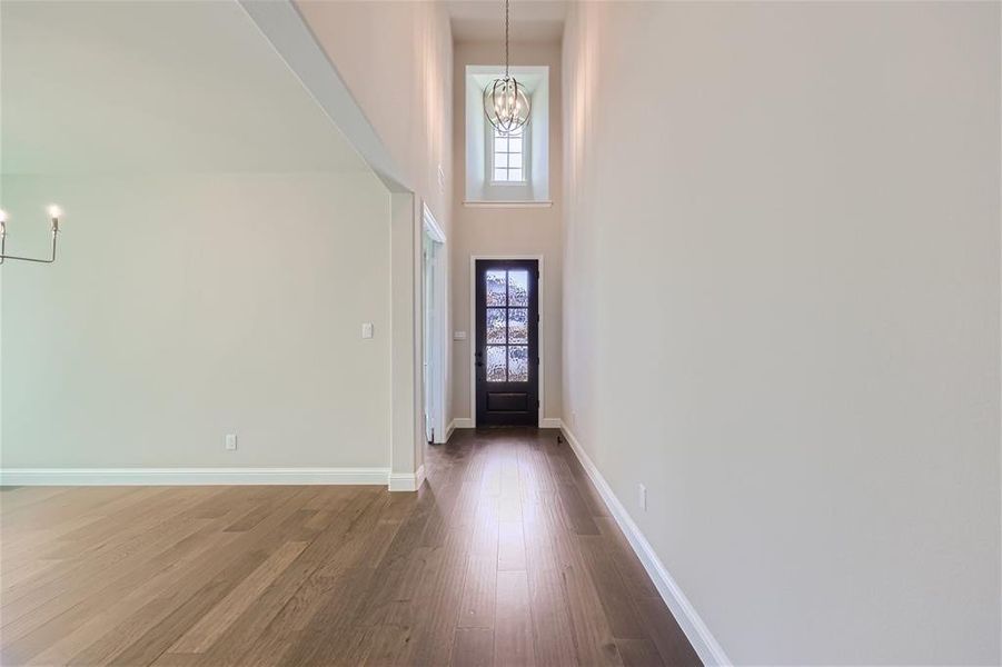 Entryway with a notable chandelier, dark hardwood / wood-style floors, and a high ceiling