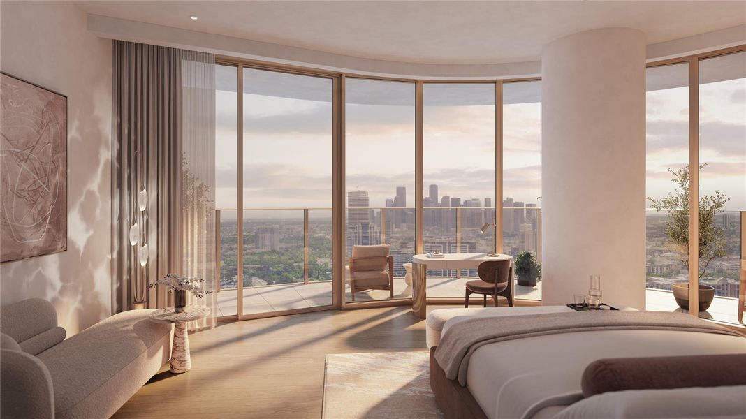 Luxurious Primary bedroom with Panoramic Downtown Skyline Views with a Private Terrace Luxurious Primary bedroom with Panoramic Downtown Skyline Views with a Private Terrace