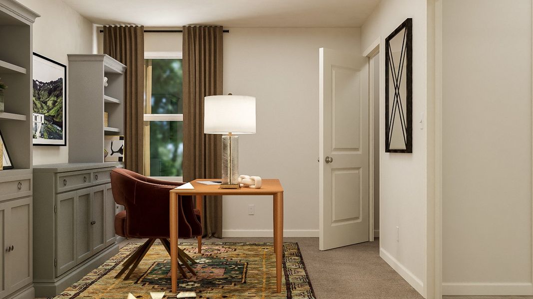 A room with a desk and a lamp.