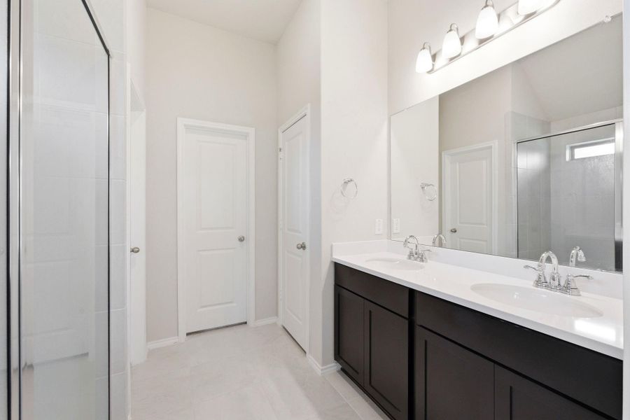 Double vanities, large walk in shower, oversized closet and linen closet.