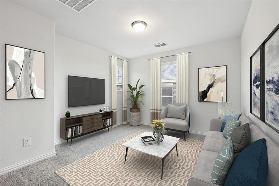 Living area with carpet and baseboards