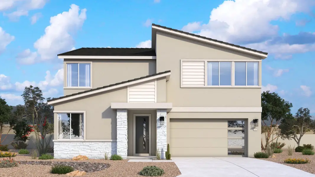 Mid-century modern Powell exterior with strong lines, balanced proportions and architectural details by DRB Homes in Arizona Mid-century modern Powell exterior with strong lines, balanced proportions and architectural details by DRB Homes in Arizona
