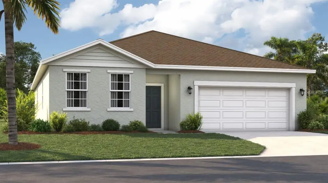 Front exterior of a new home in Village at Windsor Reserve, Eagle Lake, FL, highlighting curb appeal (Image 1).