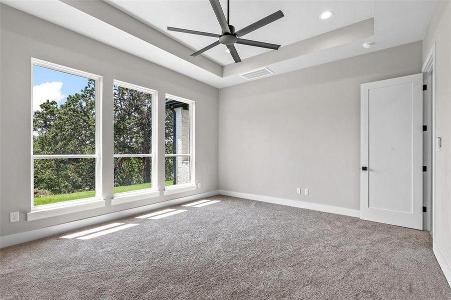 Unfurnished room with ceiling fan, a raised ceiling, and carpet