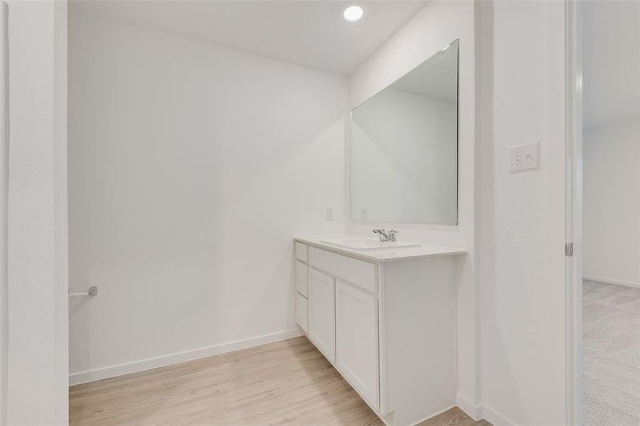 Bathroom with wood-type flooring and vanity