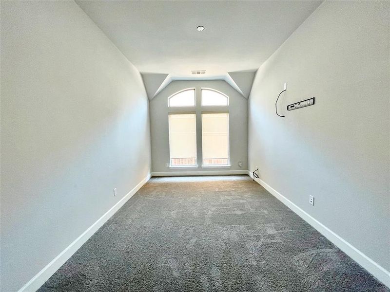 Unfurnished room featuring carpet and vaulted ceiling Unfurnished room featuring carpet and vaulted ceiling