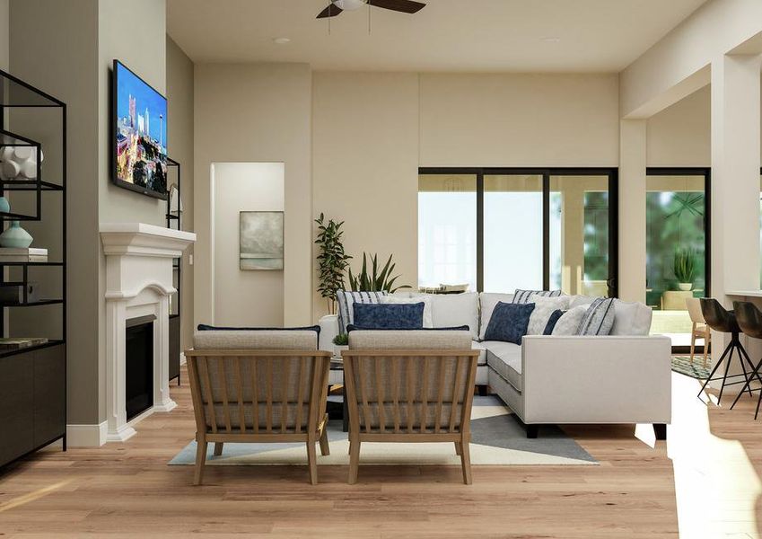 Rendering of the open floor plan living
  room furnished with a sectional couch facing the fireplace, open shelving,
  and tasteful wall art.