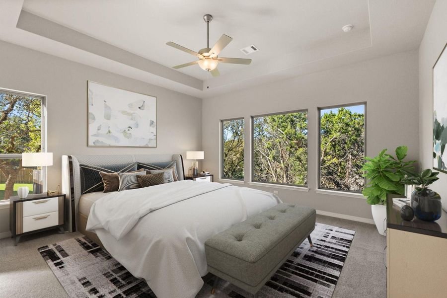 Primary Bedroom with Tray Ceiling - Virtually Staged