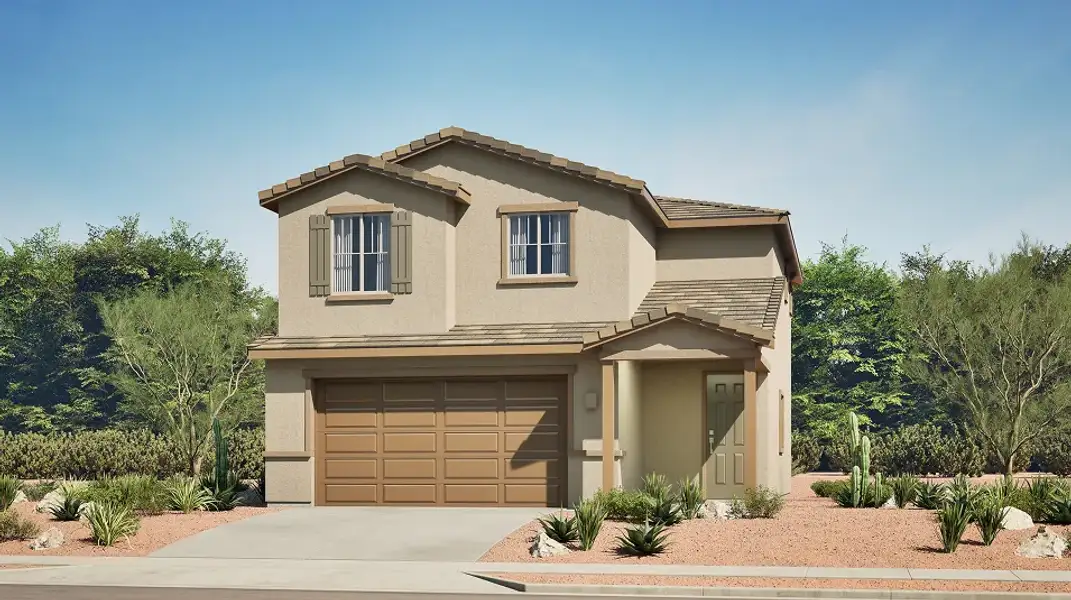 Front exterior of a new home in Rocking K, Tucson, AZ, highlighting curb appeal (Image 1). Front exterior of a new home in Rocking K, Tucson, AZ, highlighting curb appeal (Image 1).