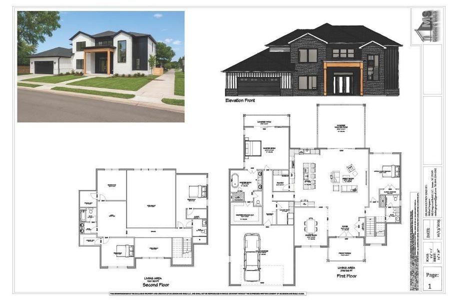 Architectural Rendering of Front Elevation Options and Proposed Floor Plans