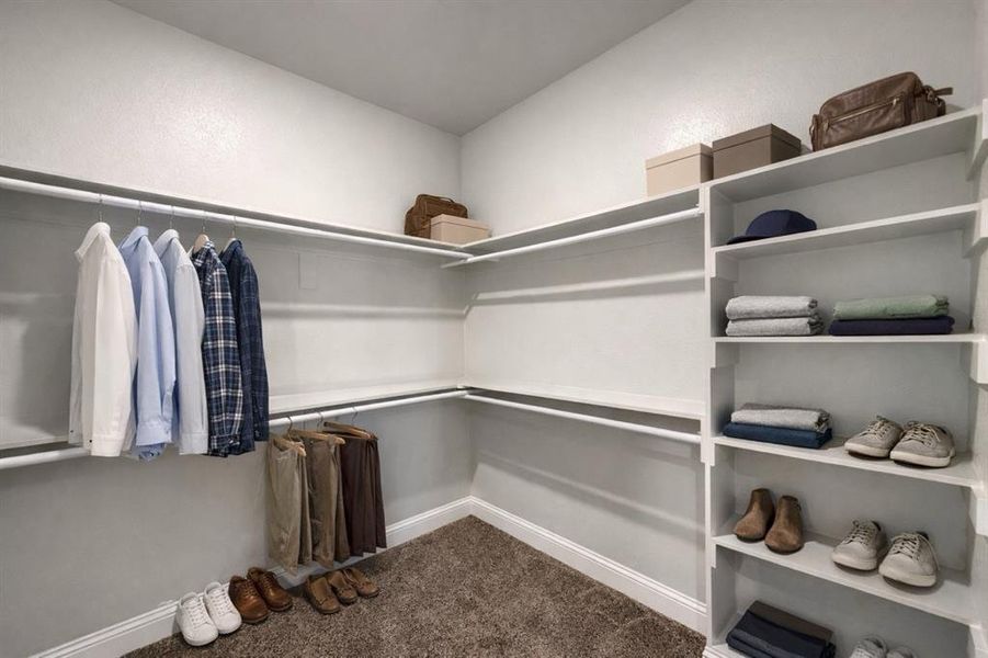 Walk in closet with dark colored carpet Walk in closet with dark colored carpet