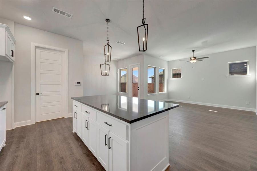 Kitchen with white cabinets, a kitchen island, dark wood-style flooring, and open floor plan