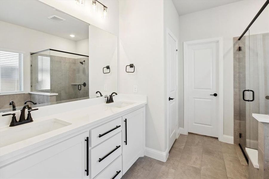 Bathroom featuring a stall shower and double vanity