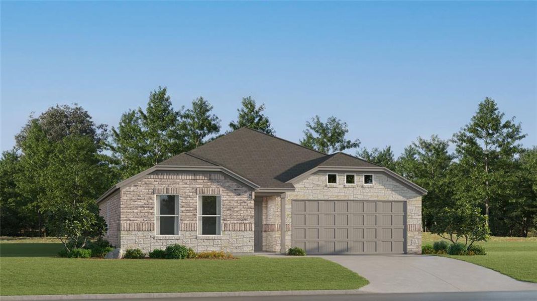 View of front of house featuring stone siding, a front yard, a garage, and concrete driveway View of front of house featuring stone siding, a front yard, a garage, and concrete driveway