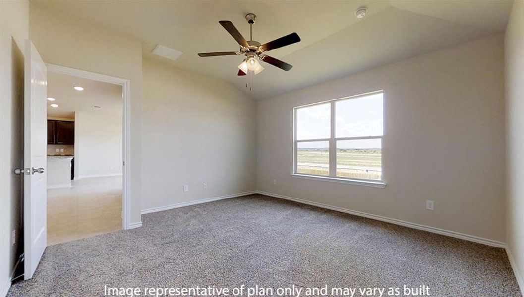 Empty room featuring lofted ceiling, light carpet, and a ceiling fan Empty room featuring lofted ceiling, light carpet, and a ceiling fan