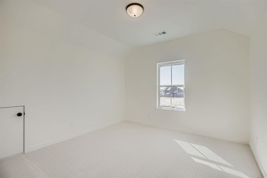Carpeted spare room with baseboards and vaulted ceiling Carpeted spare room with baseboards and vaulted ceiling