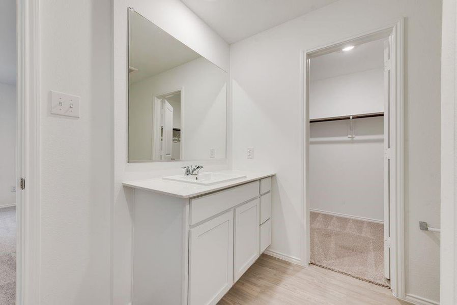 Bathroom featuring baseboards, wood finished floors, and vanity