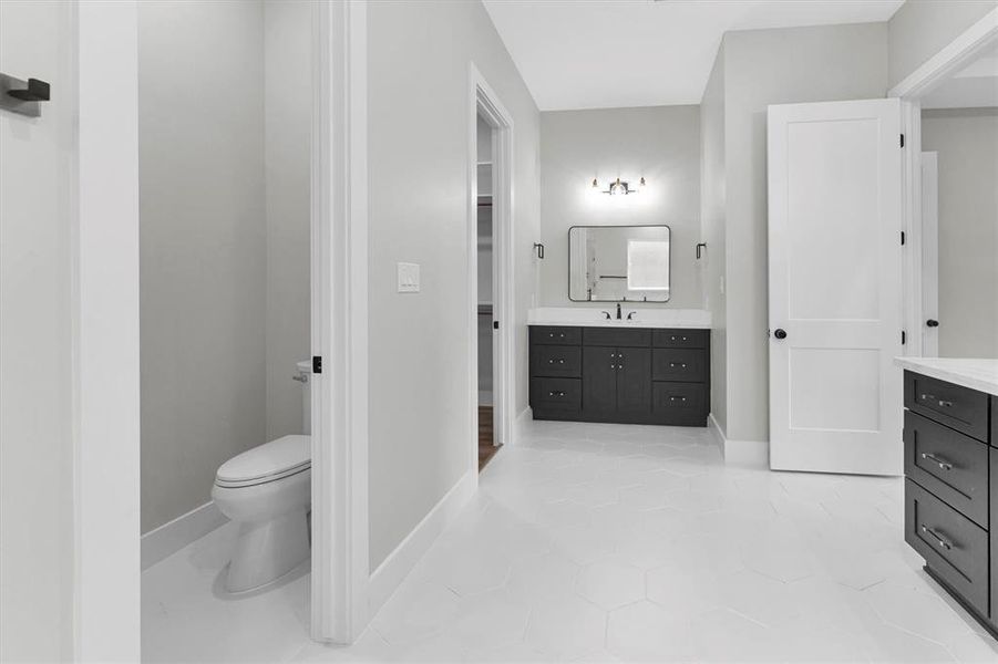 Large walk-in pantry with decorative frosted glass door and tons of built-in shelving