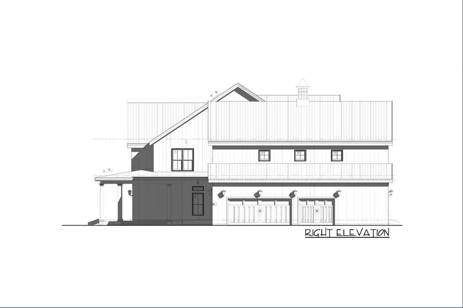 The home’s expansive three-car garage features carriage-style doors, vertically aligned windows, and metal roofing. A covered porch and secondary entrance add convenience and symmetry.