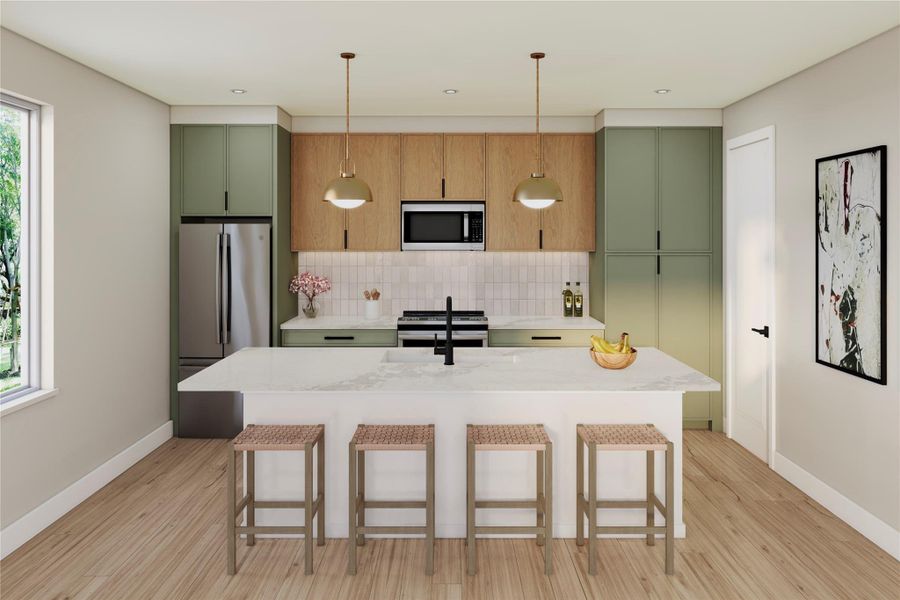 Kitchen with green cabinetry, a kitchen bar, light stone counters, a kitchen island with sink, and stainless steel appliances