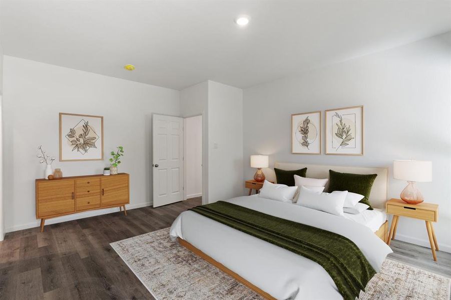 Bedroom with dark wood-style floors, baseboards, and recessed lighting Bedroom with dark wood-style floors, baseboards, and recessed lighting