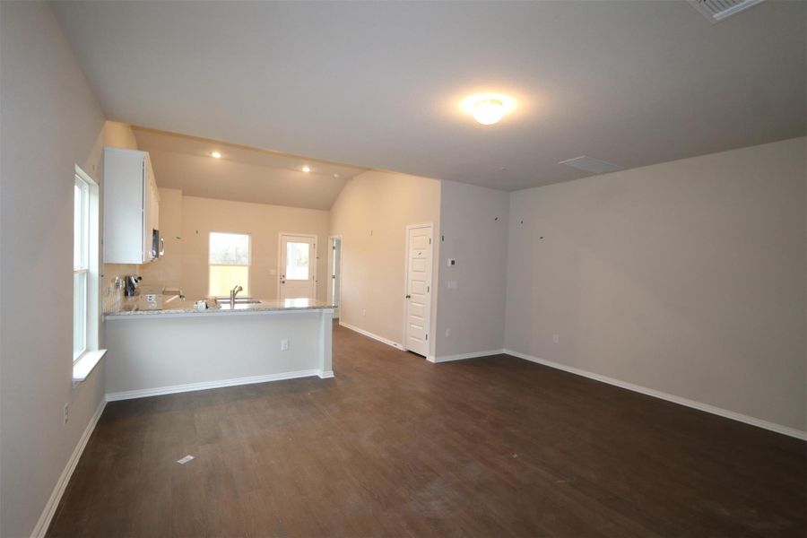 Unfurnished room featuring sink, lofted ceiling, and dark hardwood / wood-style flooring