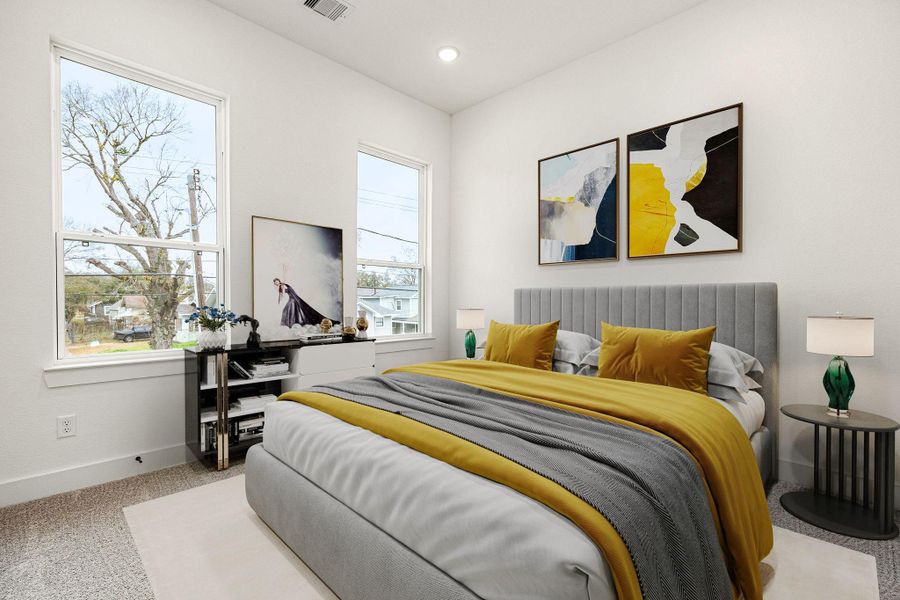 This inviting secondary bedroom offers plush carpeting for ultimate comfort, recessed lighting for a warm ambiance, and expansive windows that frame breathtaking views of the downtown skyline. A perfect blend of style and serenity, this space is ideal for relaxation or productivity. This inviting secondary bedroom offers plush carpeting for ultimate comfort, recessed lighting for a warm ambiance, and expansive windows that frame breathtaking views of the downtown skyline. A perfect blend of style and serenity, this space is ideal for relaxation or productivity.