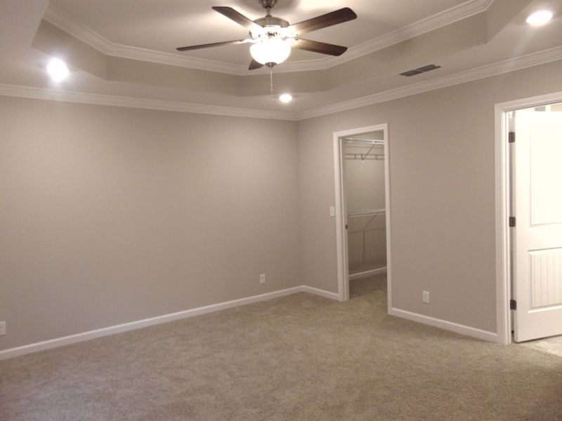 The primary bedroom has detailed tray ceilings, and a large closet for your belongings