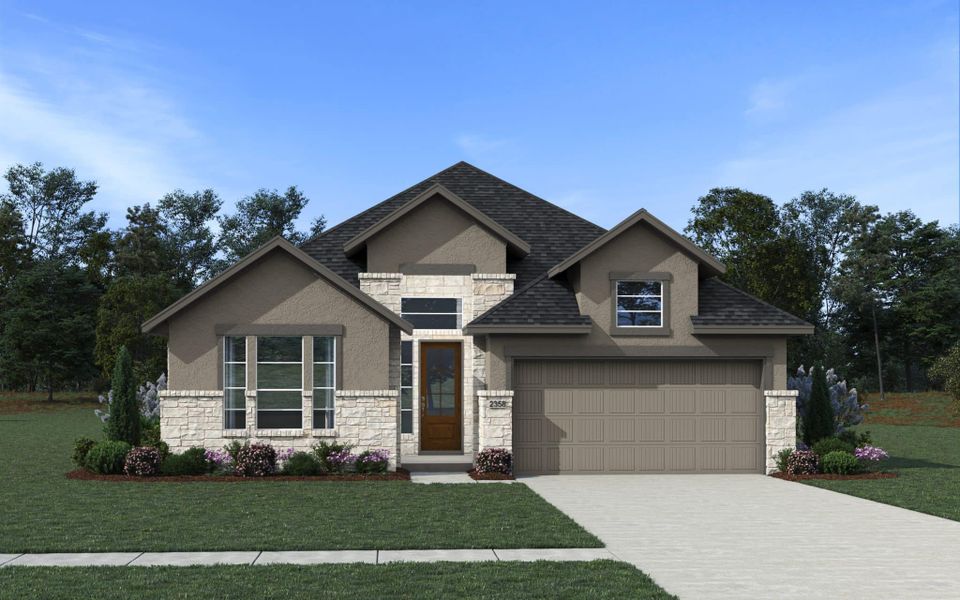 Front exterior of a new home in Berry Creek Highlands, Georgetown, TX, highlighting curb appeal (Image 20).