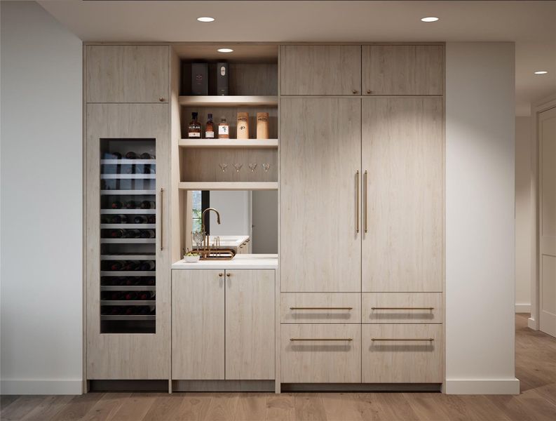 Indoor wet bar with cabinets, open shelves, wine tower, wood-style floors, and recessed lighting. Tranquil Palette Indoor wet bar with cabinets, open shelves, wine tower, wood-style floors, and recessed lighting. Tranquil Palette
