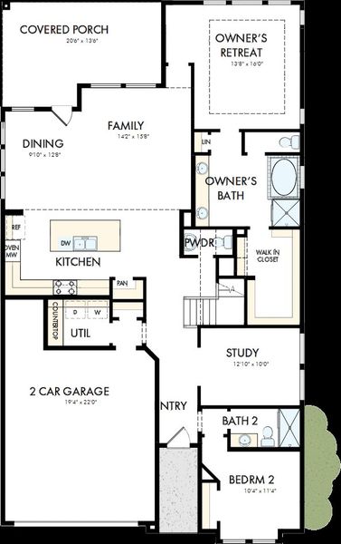 2D floor plan layout of this home in Monterra - Gardens, Fate, TX (Image 2).