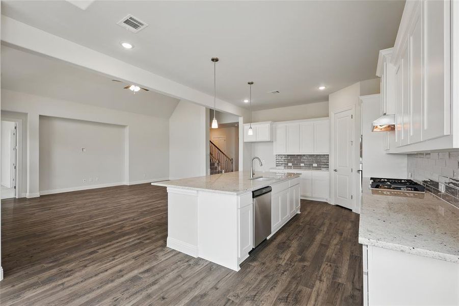 Kitchen with dark wood finished floors, open floor plan, white cabinets, and stainless steel appliances