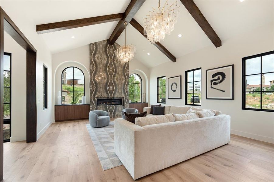 Living Room with Book Matched Fireplace Surround