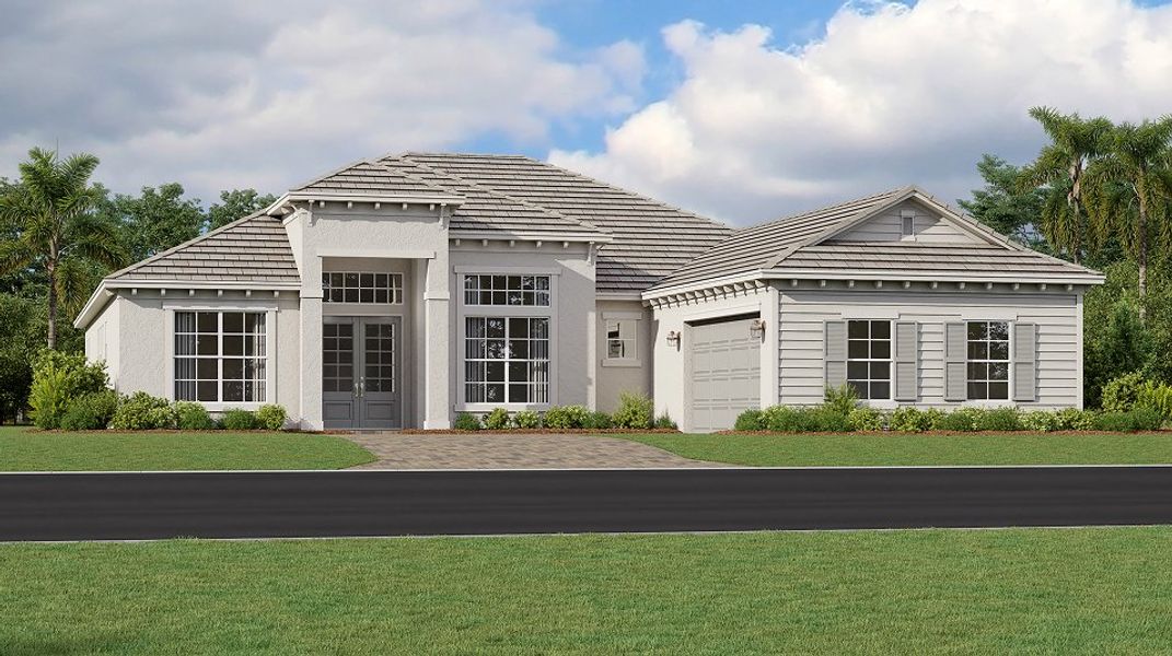 Front exterior of a new home in Webbs Reserve at Babcock Ranch, Punta Gorda, FL, highlighting curb appeal (Image 1). Front exterior of a new home in Webbs Reserve at Babcock Ranch, Punta Gorda, FL, highlighting curb appeal (Image 1).