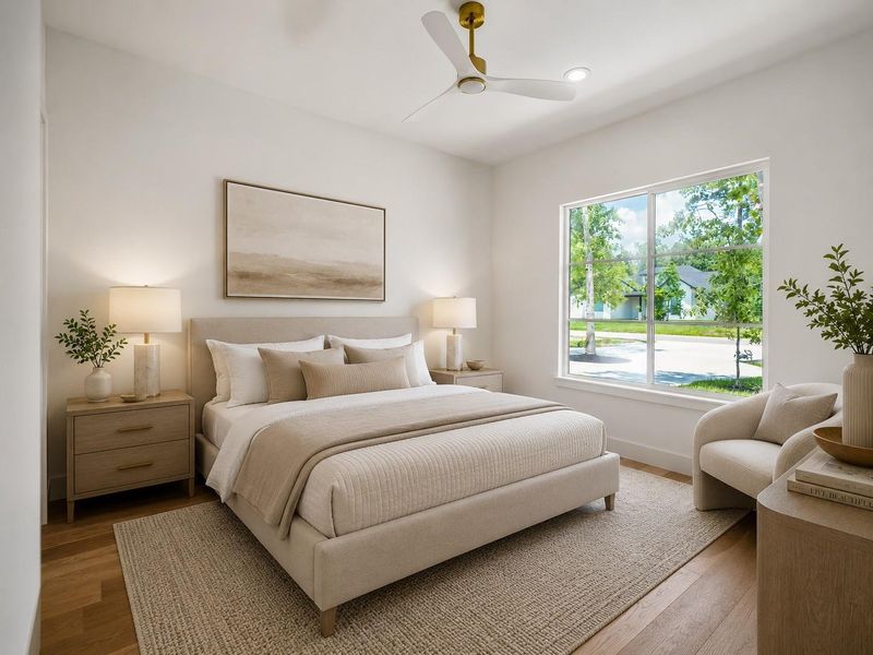 Bedroom #2 is huge guest bedroom in the front of the home to provide privacy. This bedroom also has a walk-in closet and full bathroom perfect for guest or mother-in-law suite. The huge window overlooks the front yard for a peaceful view. Image is virtually staged. Bedroom #2 is huge guest bedroom in the front of the home to provide privacy. This bedroom also has a walk-in closet and full bathroom perfect for guest or mother-in-law suite. The huge window overlooks the front yard for a peaceful view. Image is virtually staged.