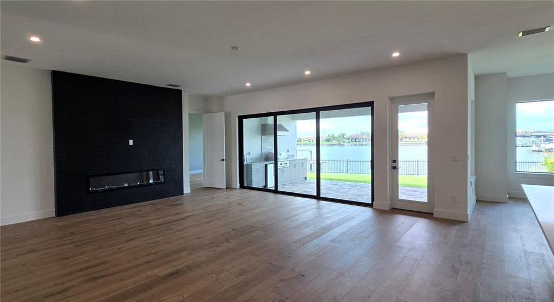 The gas fireplace is a stunning feature wall in the Great Room.