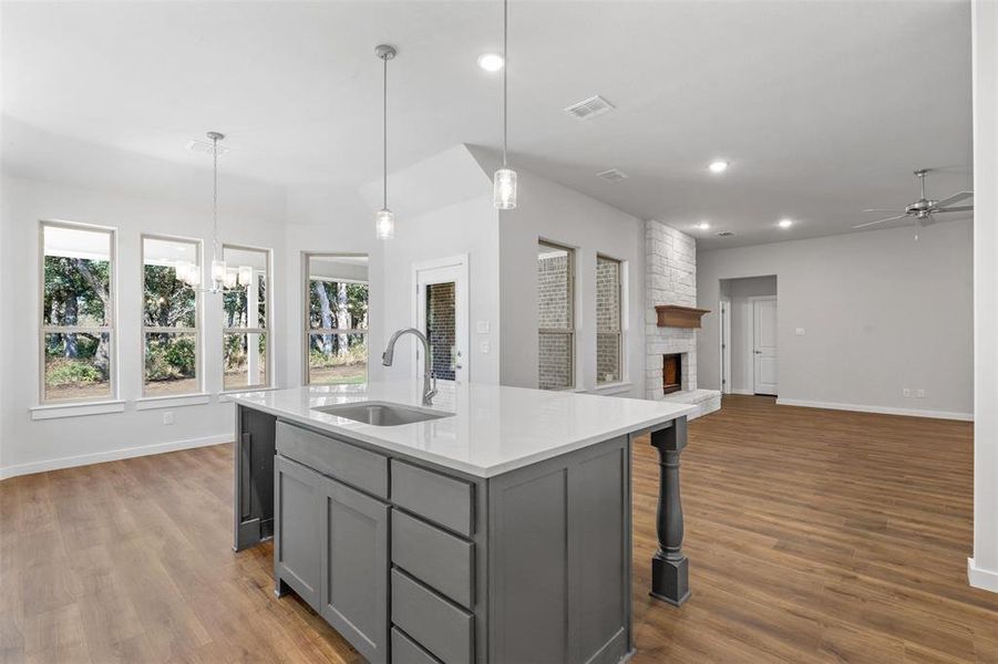 Kitchen with wood-type flooring, sink, a stone fireplace, and a center island with sink