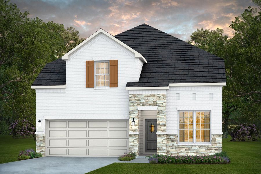 Front exterior of a new home in Pulte Homes at Two Step Farm, Montgomery, TX, highlighting curb appeal (Image 1). Front exterior of a new home in Pulte Homes at Two Step Farm, Montgomery, TX, highlighting curb appeal (Image 1).