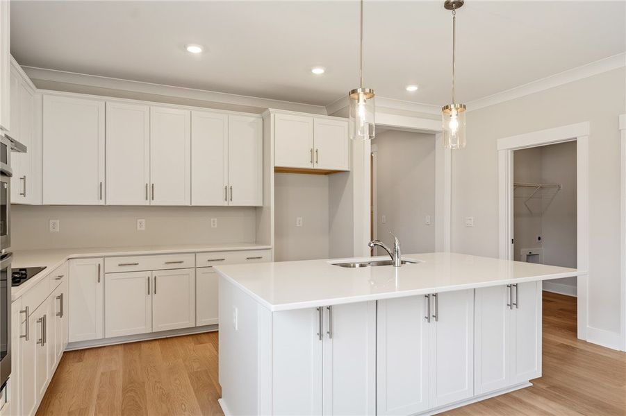 A well-appointed kitchen features a large island w