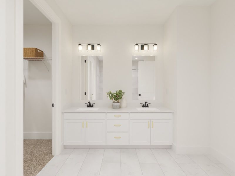 The primary bathroom offers dual vanity sinks and a walk-in shower.