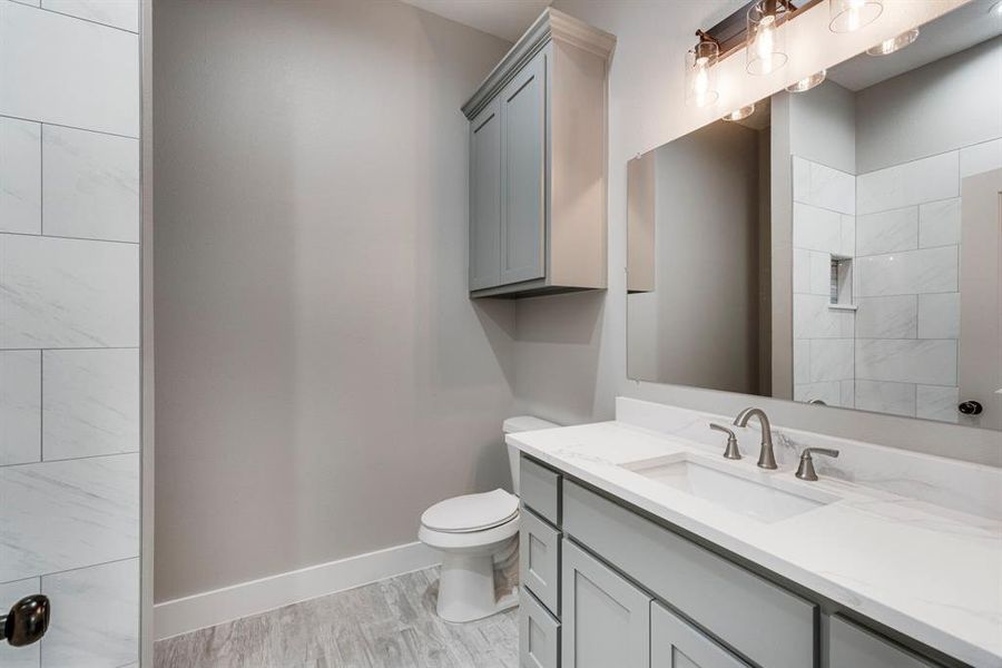 Bathroom with vanity, wood-type flooring, and toilet