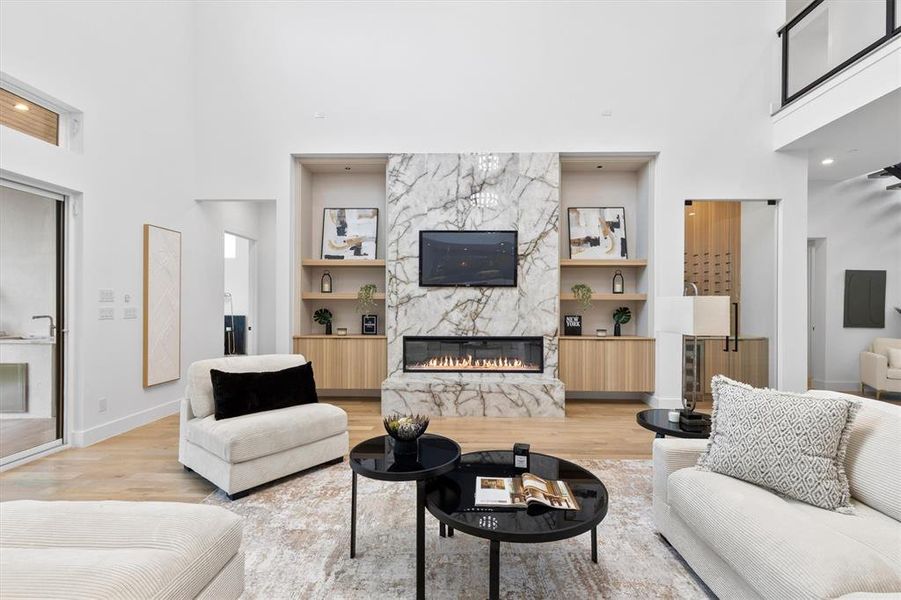 Living Room anchored by Versace-tiled wall! Living Room anchored by Versace-tiled wall!