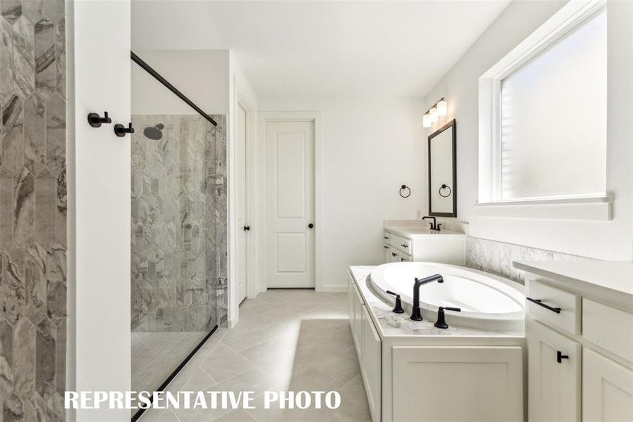 With separate vanities, a lovely soaking tub and fantastic walk in shower, you will never want to leave the dream owner's bath!  REPRESENTATIVE PHOTO